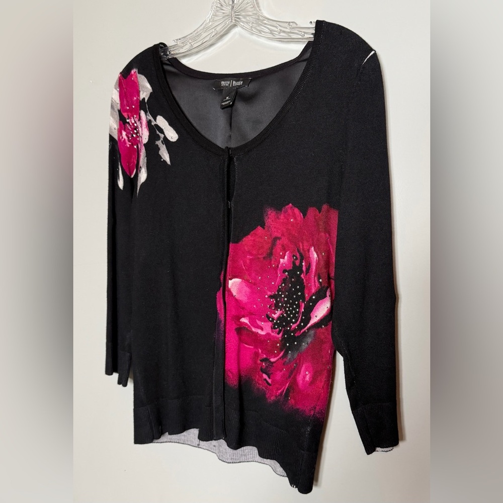 White House Black Market Black and Pink Floral Cardigan Size M - Picture 8 of 12